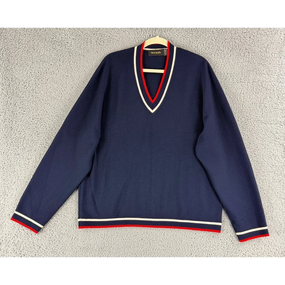 Vintage Mort Wallin Sweater Mens 2XL Navy Wool V Neck Striped Trim Holes Flawed